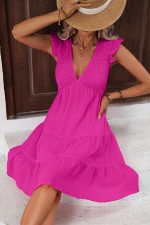 V Neck Solid Smocked Ruffle Hem Mini Dress