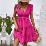Solid Smocked V Neck Frill Casual Dress - Image 7