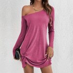 Skew Neck Solid Long Sleeve Casual Dress - Image 7