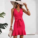 V Neck Solid Ruffle Hem Bodycon Dress - Image 6