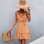 V Neck Floral Print Frill Sleeveless Casual Dress - Image 6