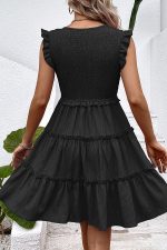 V Neck Smocked Frill Solid Casual Dress - Image 6