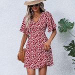 Floral Print V Neck Short Sleeve Casual Dress - Image 6