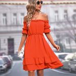 Solid Off The Shoulder Frill Casual Mini Dress - Image 6