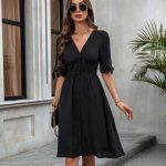 Solid Color V Neck Tie Design Dress - Image 6