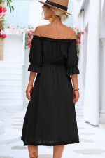 Solid Color Off The Shoulder Frill Casual Dress - Image 6