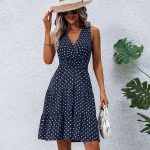 Dots Print V Neck Sleeveless Tie Waist Dress - Image 6