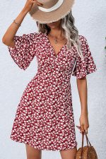 Floral Print V Neck Short Sleeve Casual Dress - Image 4