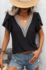 Solid V Neck Patchwork Short Sleeve Tops - Image 2