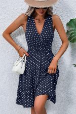 Dots Print V Neck Sleeveless Tie Waist Dress - Image 2