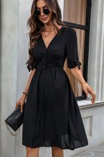 Solid Color V Neck Tie Design Dress - Image 4