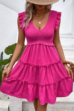 Solid Smocked V Neck Frill Casual Dress - Image 4
