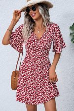 Floral Print V Neck Short Sleeve Casual Dress - Image 2