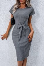 Tie Front Solid Color Short Sleeve Dress - Image 2