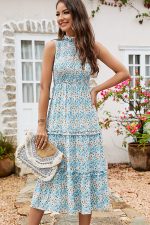 Smocked Chest Floral Print Sleeveless Dress