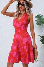 Fashion Tie Waist V Neck Printed Casual Dress - Image 3