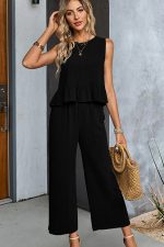Fashion Solid Ruffle Hem Two Pieces Set