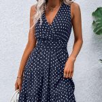 Dots Print V Neck Sleeveless Tie Waist Dress