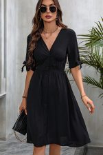 Solid Color V Neck Tie Design Dress