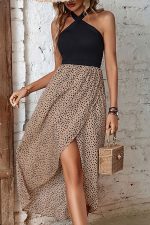 Leopard Print Patchwork Halter Neck Dress - Image 2