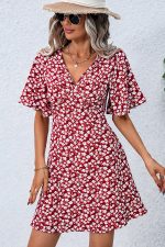 Floral Print V Neck Short Sleeve Casual Dress - Image 3