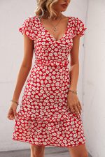 Floral Print V Neck Ruffle Sleeve Dress - Image 3