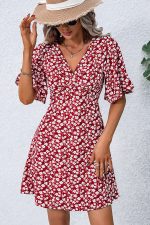 Floral Print V Neck Short Sleeve Casual Dress