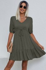 V Neck Drawstring Waist Solid Casual Mini Dress - Image 2