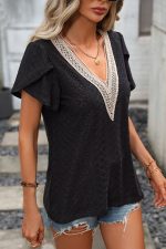 Solid V Neck Patchwork Short Sleeve Tops - Image 4