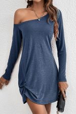 Solid Skew Neck Long Sleeve Casual Dress - Image 4