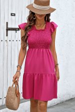 Solid Smocked Round Neck Frill Casual Dress - Image 2
