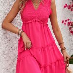 Fashion Solid Smocked V Neck Frill Casual Dress
