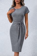 Tie Front Solid Color Short Sleeve Dress - Image 4