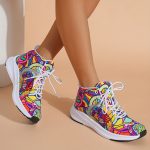 Women's Graffiti Print High-Top Lace-Up Sneakers, Reflective Safety Straps Detail Sneakers, Women's Footwear