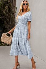 Fashion V Neck Smocked Chest Floral Print Maxi Dress - Image 3
