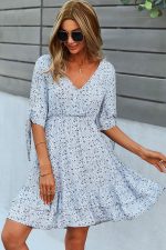Fashion Floral Print Knot Sleeve Mini Dress