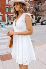 Ruffle Shoulder Hollow Solid White Mini Dress - Image 2
