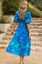 Fashion V Neck Smocked Waist Floral Print Maxi Dress - Image 5