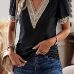 V Neck Patchwork Short Sleeve Casual Tops