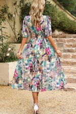V Neck Smocked Waist Floral Print Maxi Dress - Image 4