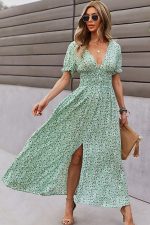 Deep V Neck Smocked Chest Floral Print Maxi Dress