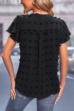 V Neck Ruffle Sleeve Black Casual Top - Image 2