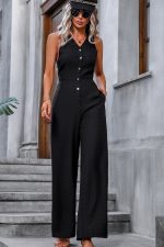 V Neck Button Cutout Casual Jumpsuits