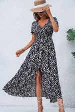 V Neck Smocked Chest Floral Print Maxi Dress - Image 3