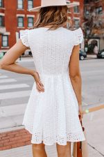 Ruffle Shoulder Hollow Solid White Mini Dress - Image 3