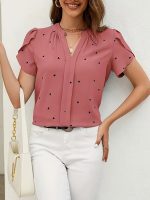 Heart Print V Neck Blouse, Casual Petal Sleeve Blouse For Spring & Summer, Women's Clothing