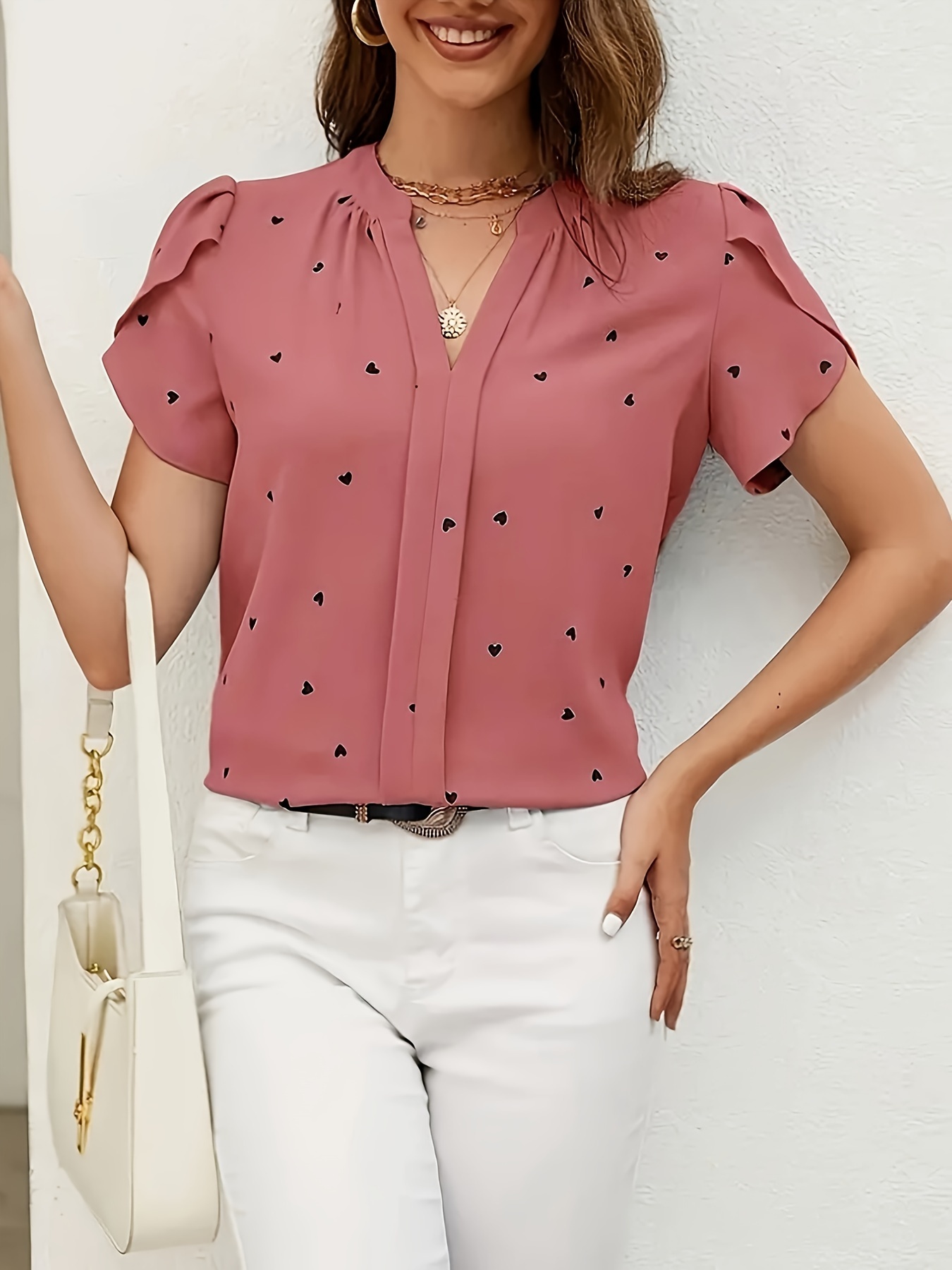 02aae748-8dd6-4220-8752-4221eb670364-2.jpg Heart Print V Neck Blouse, Casual Petal Sleeve Blouse For Spring & Summer, Women's Clothing - Image 1
