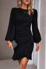 Solid Black Puff Sleeve Round Neck Ruffle Hem Bodycon Dress - Image 5