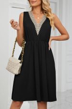 V Neck Patchwork High Waist Solid Color Dress - Image 5