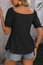 Puff Sleeve Drawstring Solid Black Casual Tops - Image 5